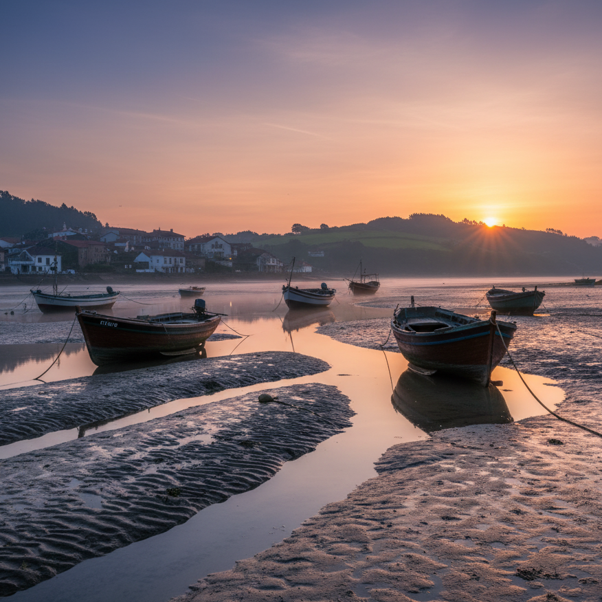 Barcos de pesca en una ría gallega durante un amanecer con marea baja, reflejando las primeras luces.