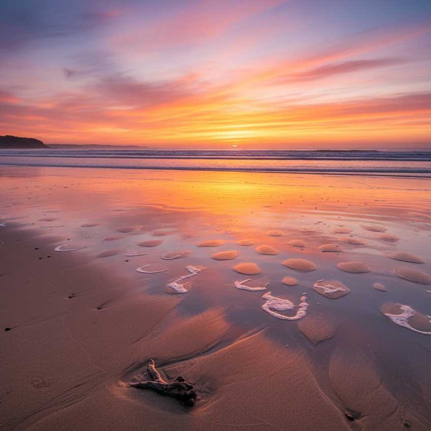 Playa gallega vacía al amanecer, con la arena mojada reflejando el cielo vibrante.