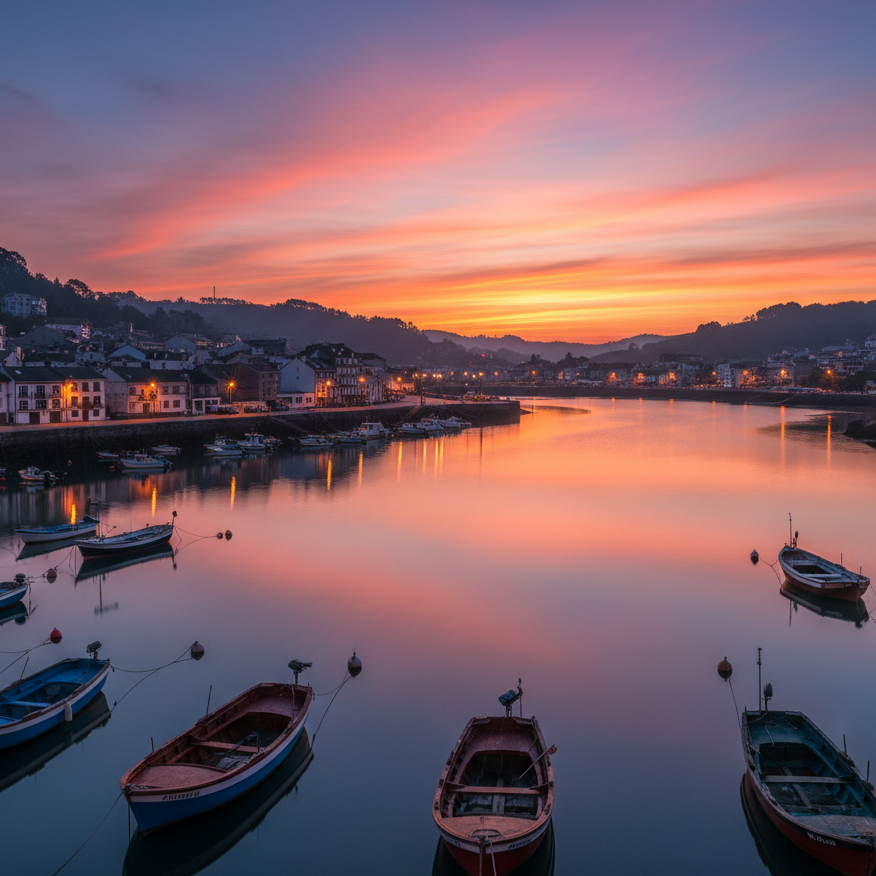 Amanecer urbano en un puerto marinero de Galicia, con luces y barcos reflejados en el agua.