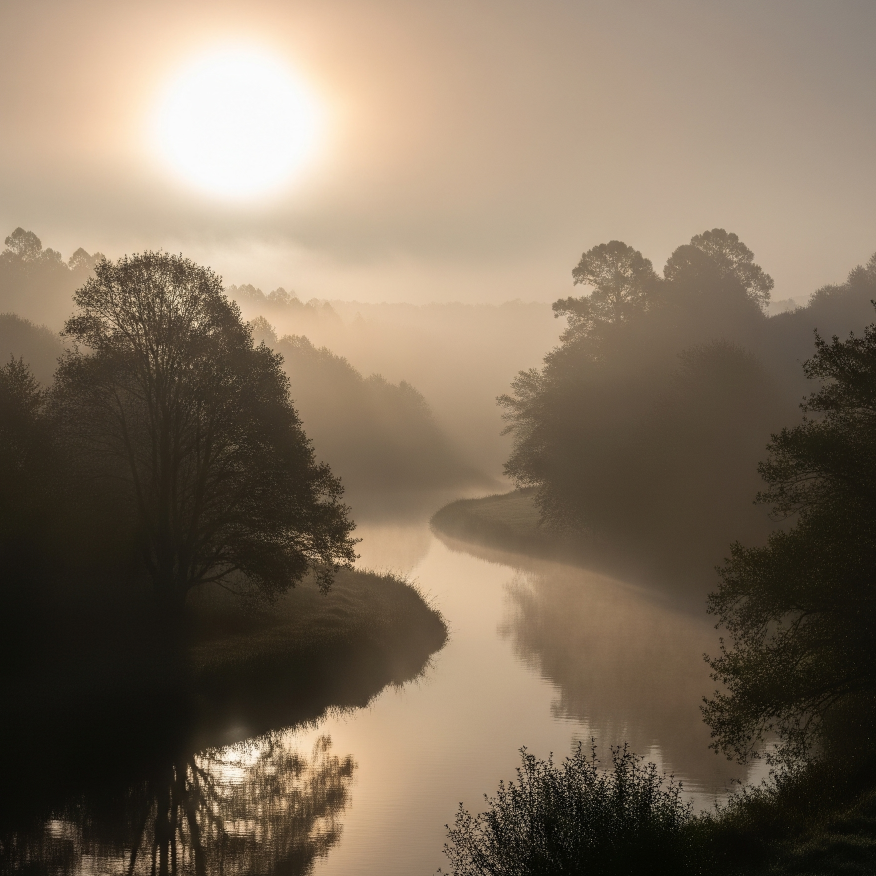 Bruma matinal flotando sobre un río gallego al amanecer, con siluetas de árboles.