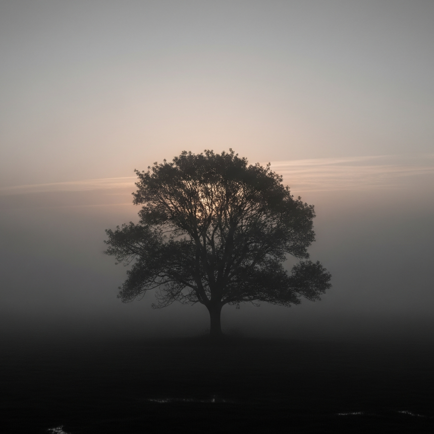 Foto minimalista de un árbol solitario en un campo gallego envuelto en niebla densa al amanecer.
