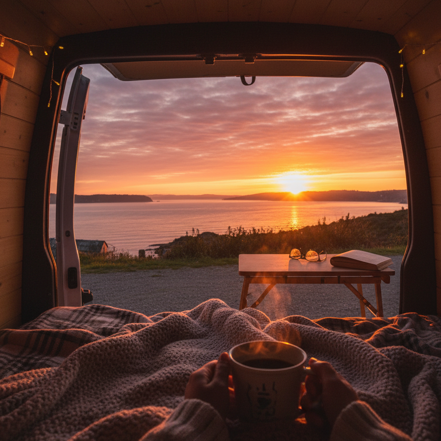 Vista de uno de los amaneceres camper en Galicia desde la ventana abierta de la furgoneta.