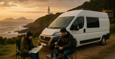 Dos Jovenes planificando y organizando la ruta camper