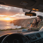 crear imagen: Imagen Medio Artículo (800x600): Composición: (Para insertar antes de la pregunta 7). Detalle del interior de la furgoneta, pero "real". Un par de tazas de café, un mapa desplegado sobre la mesa, una mochila. Desordenado pero acogedor. ALT: Aprendizajes y errores de una entrevista camper con una pareja gallega.