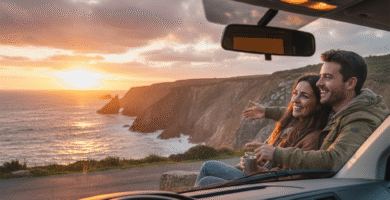 crear imagen: Imagen Medio Artículo (800x600): Composición: (Para insertar antes de la pregunta 7). Detalle del interior de la furgoneta, pero "real". Un par de tazas de café, un mapa desplegado sobre la mesa, una mochila. Desordenado pero acogedor. ALT: Aprendizajes y errores de una entrevista camper con una pareja gallega.