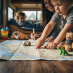 Dos peques con su madre dentro de una furgoneta camper, con un mapa y juguetes y chuches para los niños. Viajar en camper con niños: la guía para una escapada sin dramas