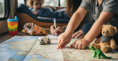 Dos peques con su madre dentro de una furgoneta camper, con un mapa y juguetes y chuches para los niños. Viajar en camper con niños: la guía para una escapada sin dramas